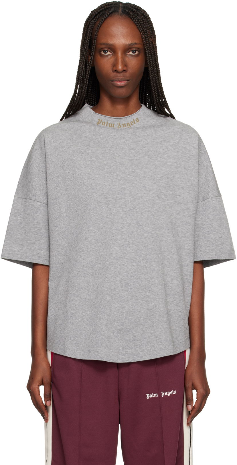 Тениска Palm Angels Curved Logo Collar Oversized T-shirt Сиво | PWAA07DF25JER0010858