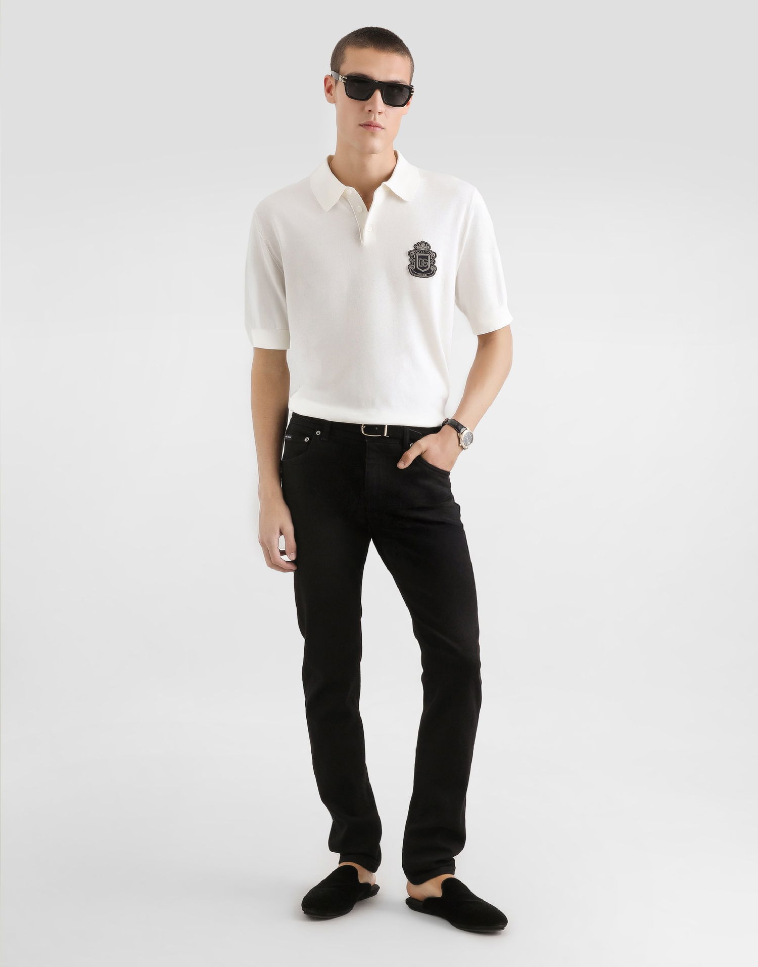 Поло тениска Dolce & Gabbana Knitted Cotton Polo Shirt with DG Milano Emblem Бяло | GXZ02ZJBCIUW0111, 1