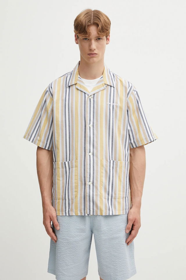Linen Blend Relaxed Fit Short Sleeve Folsey Camp Collar Striped Shirt with Patch Pockets