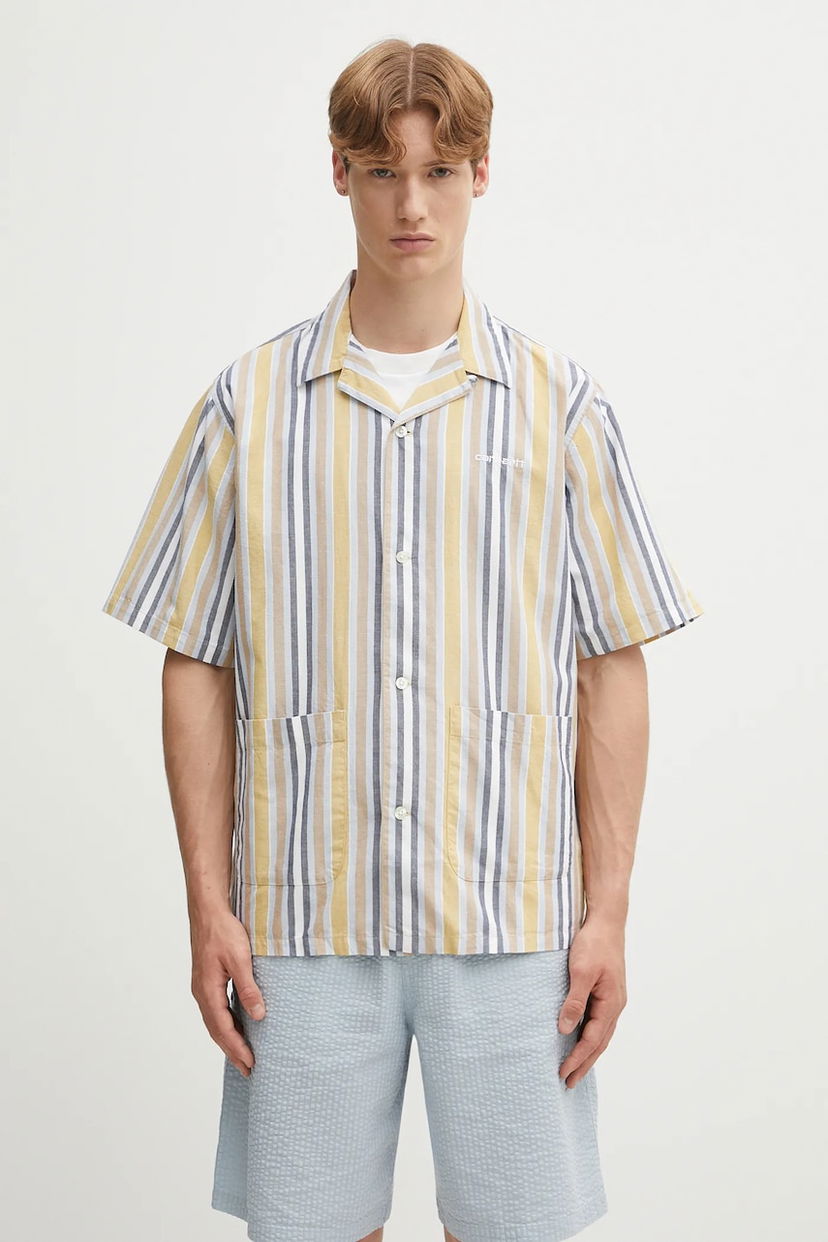 Риза Carhartt WIP Linen Blend Relaxed Fit Short Sleeve Folsey Camp Collar Striped Shirt with Patch Pockets Многоцветен | I035154.3G8XX