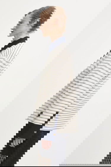 Поло тениска GANNI Striped Single Piquet Jersey Polo Shirt Бежово | T4215, 1