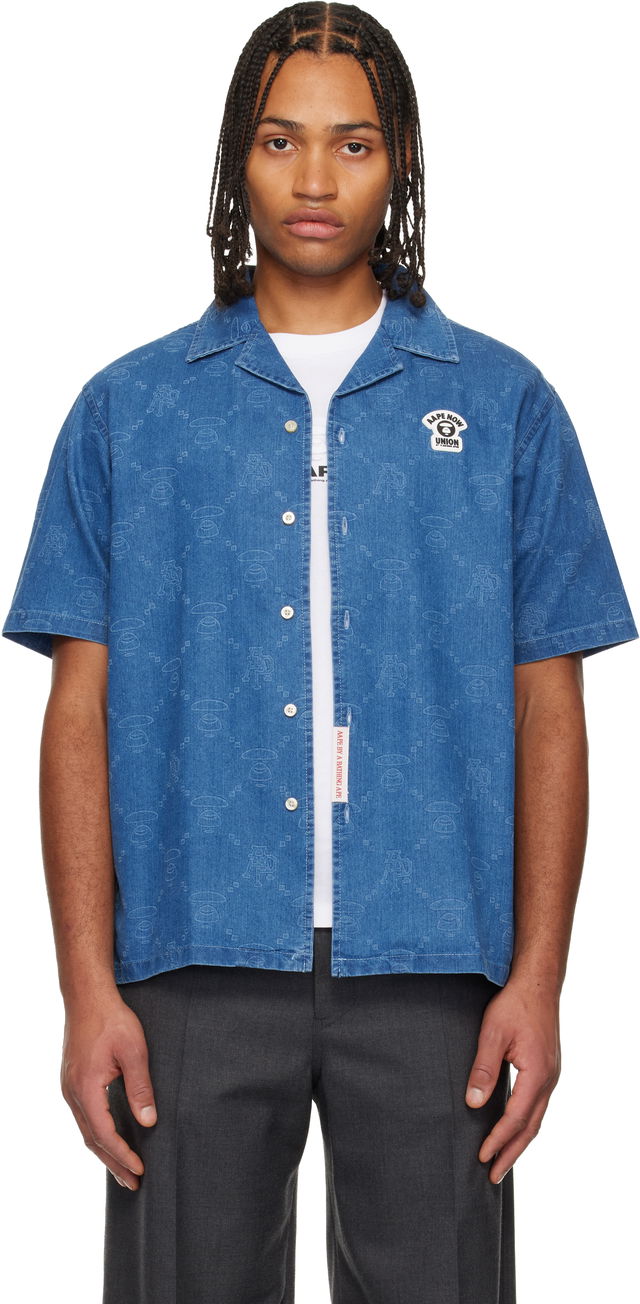 AAPENOW Moonface Monogram Short Sleeve Camp Collar Shirt
