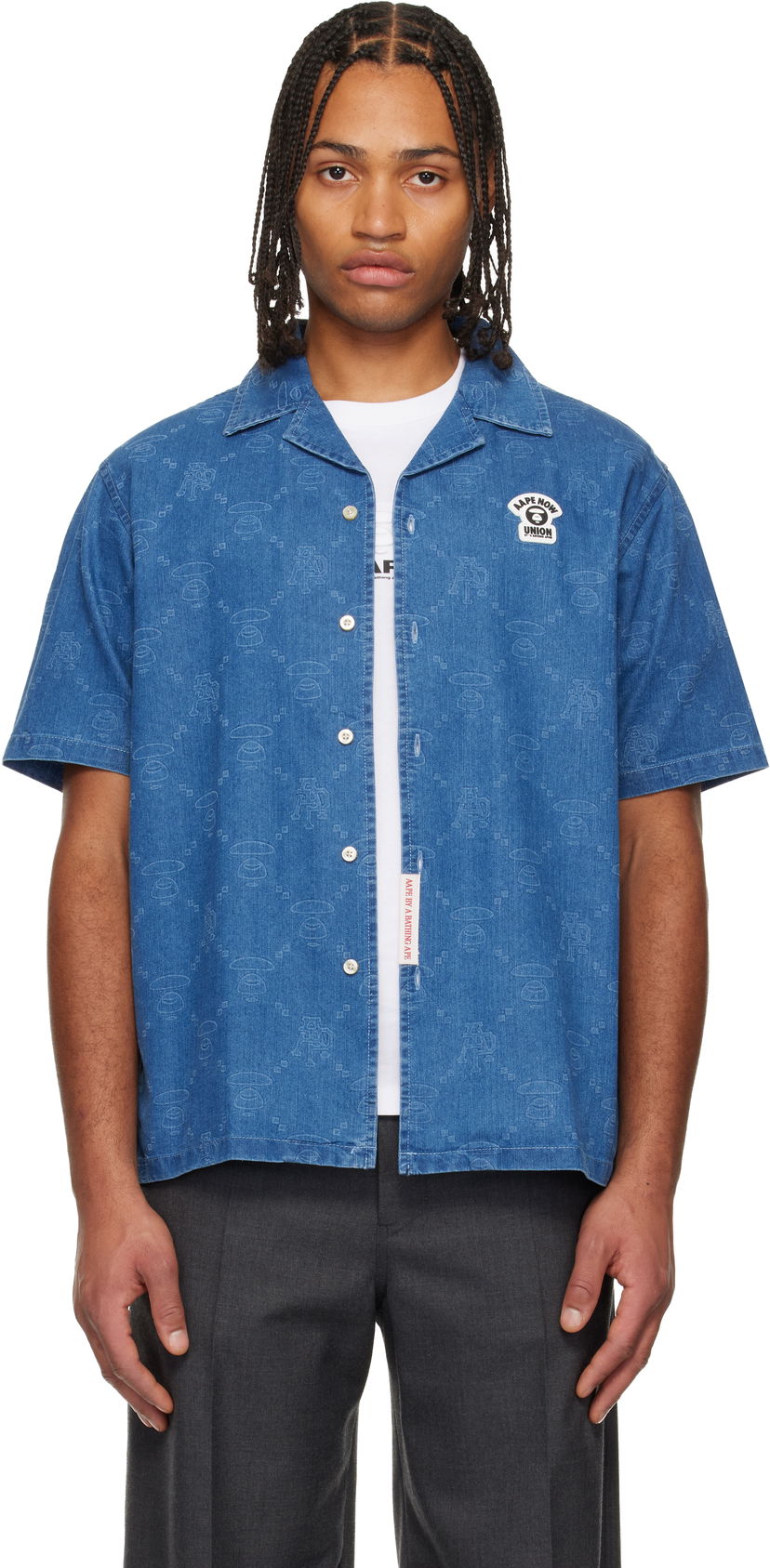 Риза AAPE by A Bathing Ape AAPENOW Moonface Monogram Short Sleeve Camp Collar Shirt Синьо | AAPSRM8526XXNBLX