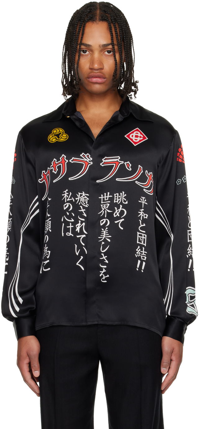 Emblem Long Sleeve Silk Satin Shirt