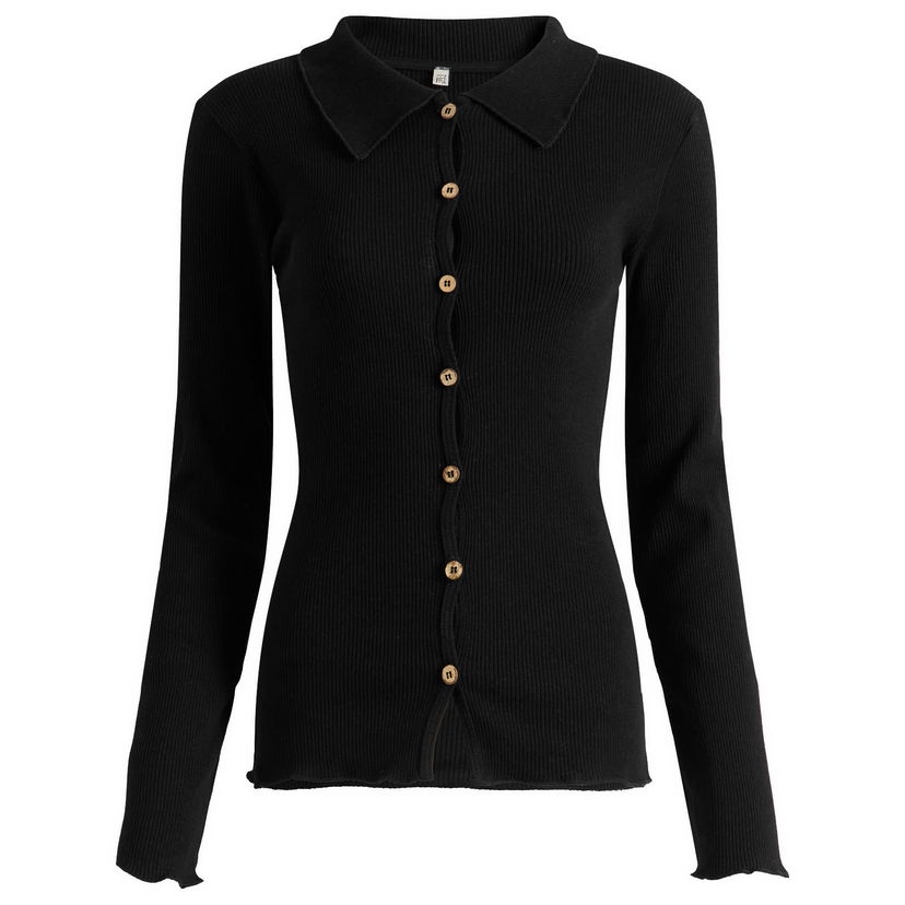 Риза Baserange Iso Ribbed Long Sleeve Collared Button-Front Shirt Черно | TTIS-RCR-AU25-BLK