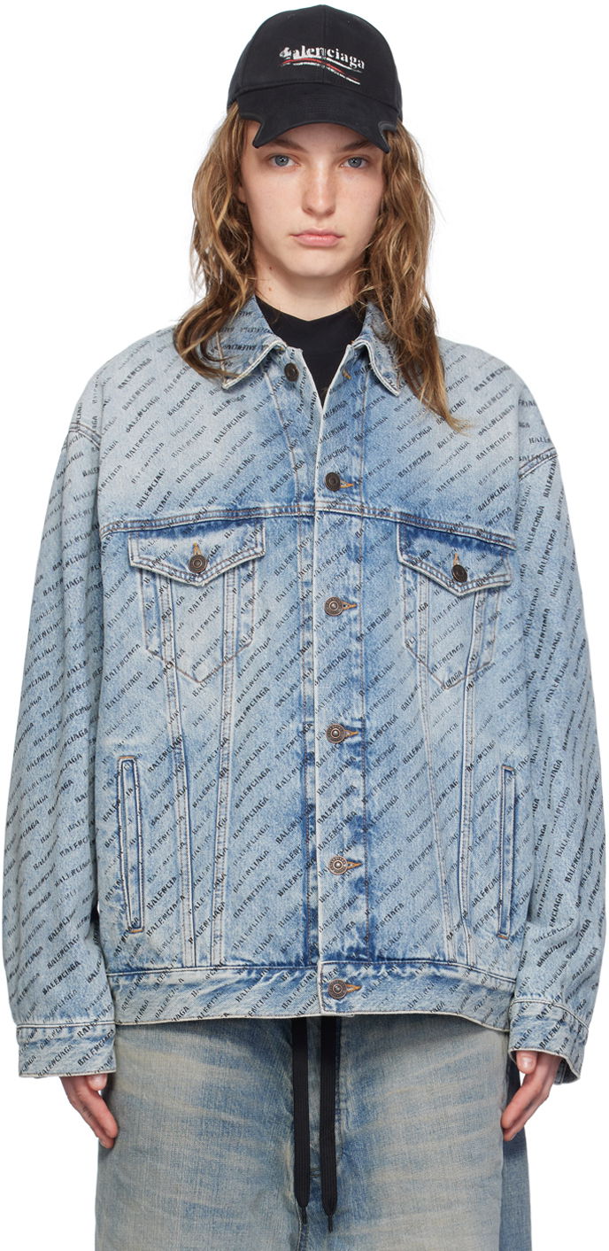 Яке Balenciaga Blue Printed Logo Denim Jacket Синьо | 799555 TQW66