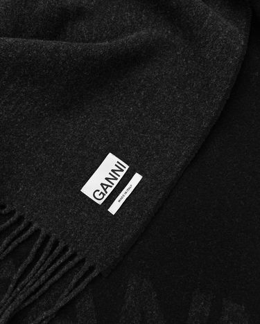 Шал GANNI Fringed Wool Scarf Черно | 5714667383196, 1