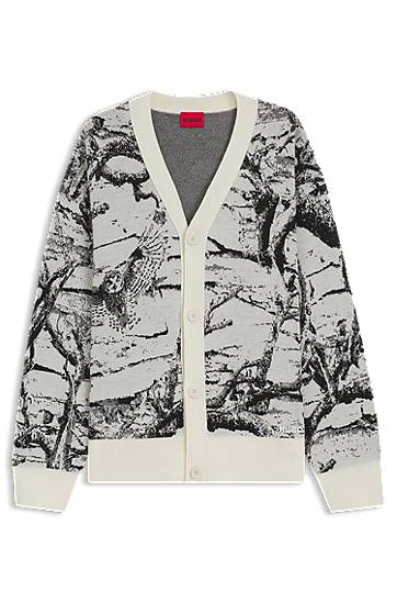 Пуловер BOSS Oversized-fit Cardigan with Birch Tree and Owl Jacquard Pattern Многоцветен | 50546872, 0