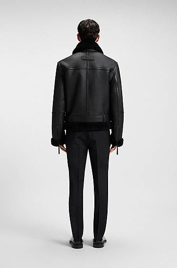 Яке BOSS Aviator Leather Jacket with Shearling Trims and Belted Waist Черно | 50546494, 1