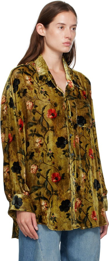 Риза R13 R13 Floral-Print Velvet Drop-Neck Shirt Зелено | R13WR004-R595A, 1