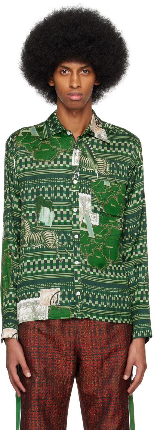 Риза Ahluwalia Map Print Long Sleeve Shirt Зелено | M-AHLU-TO011-SS23-FA99-GR, 0