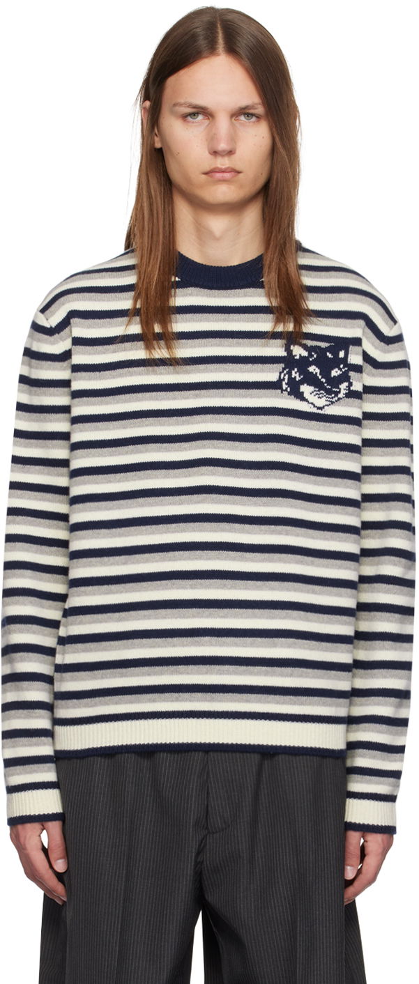 Пуловер MAISON KITSUNÉ Striped Fox Head Intarsia Sweater Синьо | NM00802KM0329, 0