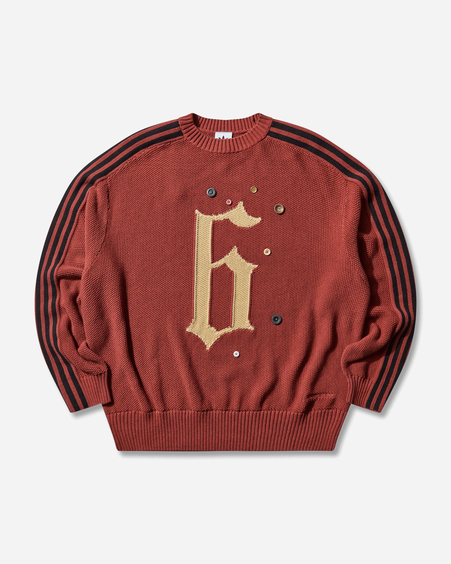 Пуловер adidas Originals SFTM Knit Crew Neck Sweater with Gothic F Applique, Decorative Buttons, and Striped Sleeves Червено | KC0327, 1