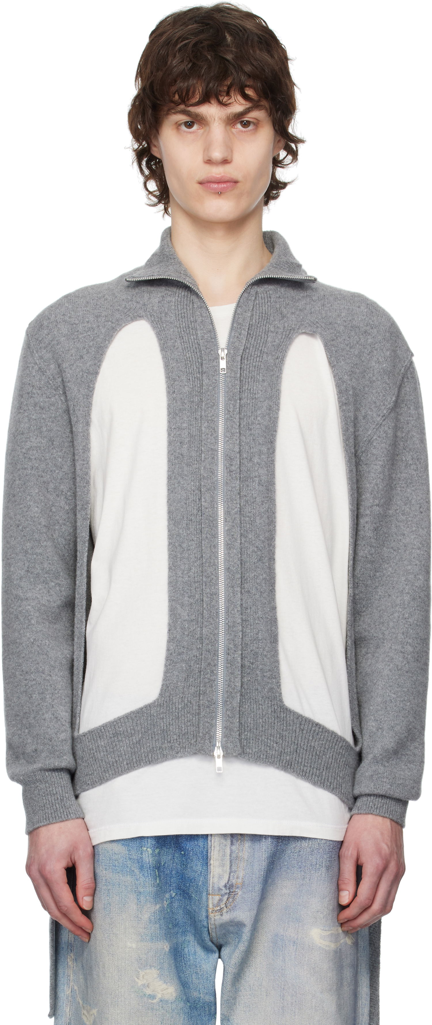Пуловер Simone Rocha Simone Rocha Zip Up Cut Out Window Cardigan Сиво | LMK4M 0660, 0