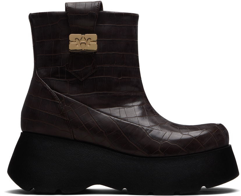 Кецове и обувки GANNI Kat Crocodile-Embossed Platform Low Boots with Buckle Кафяво | S3235