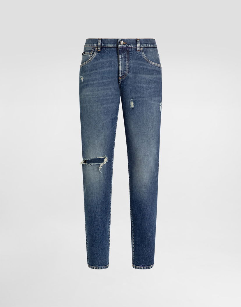 Дънки Dolce & Gabbana Dolce & Gabbana Slim-Fit Distressed Stretch Cotton Jeans Синьо | GY07CDG8NK4S9001
