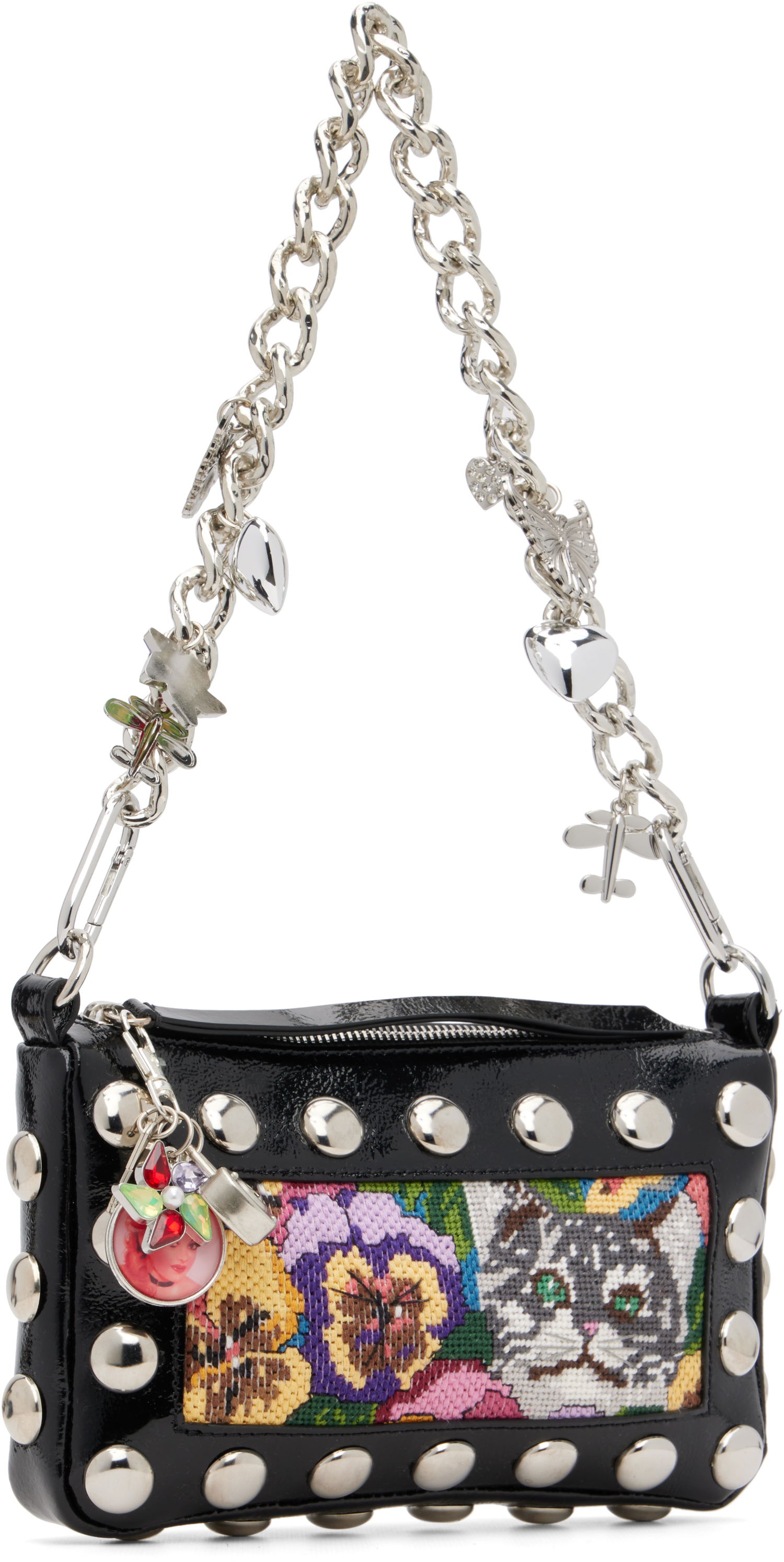 Дамска чанта Chopova Lowena Fillie Studded Chain Charm Embroidered Pouch Bag Черно | 6453, 1