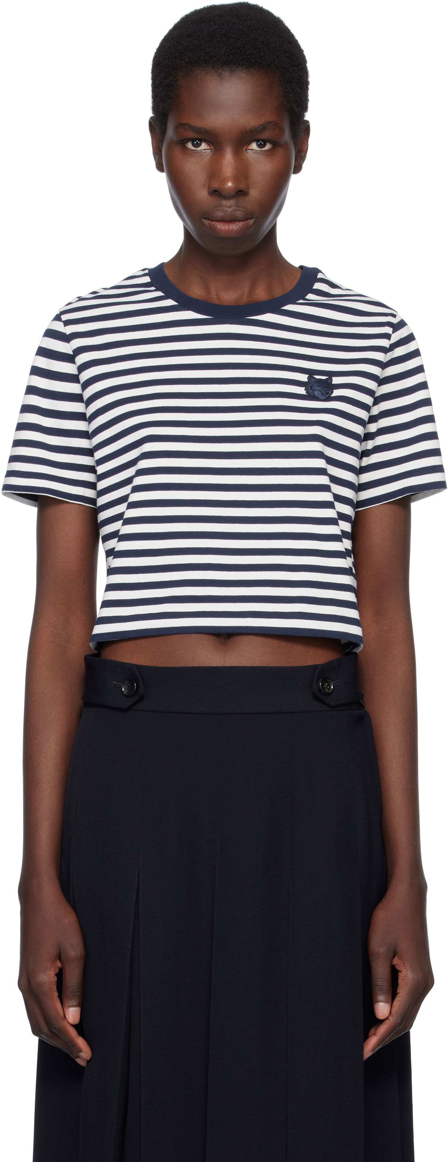 Съкратен топ MAISON KITSUNÉ Maison Kitsuné Fox Head Patch Striped Cropped T-Shirt Тъмно синьо | OW00110KJ0008, 0
