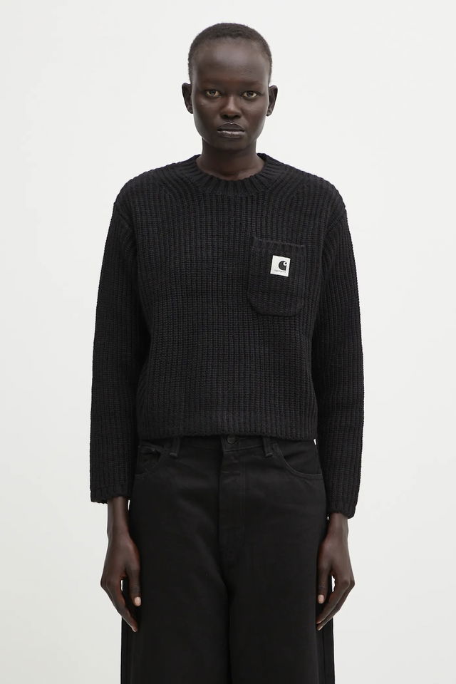 Mira Wool Blend Ribbed Knit Sweater with Pocket