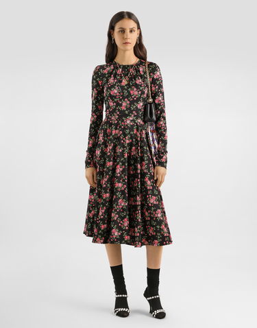 Pокля Dolce & Gabbana Long Sleeve High Neck Small Rose Bouquets-print Charmeuse Midi Dress Многоцветен | F60HMTFSA8BHN5XP, 1