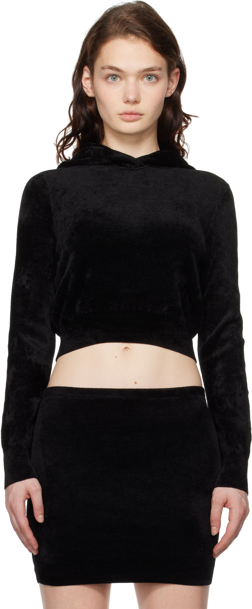 Суитчър Alexander Wang Alexander Wang Cropped Velour Hoodie Черно | 4KC4241002