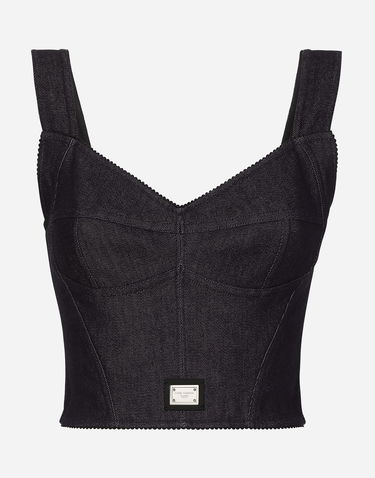 Съкратен топ Dolce & Gabbana Cotton Denim Corset Top Синьо | F7W98DG8LT2S9001, 0