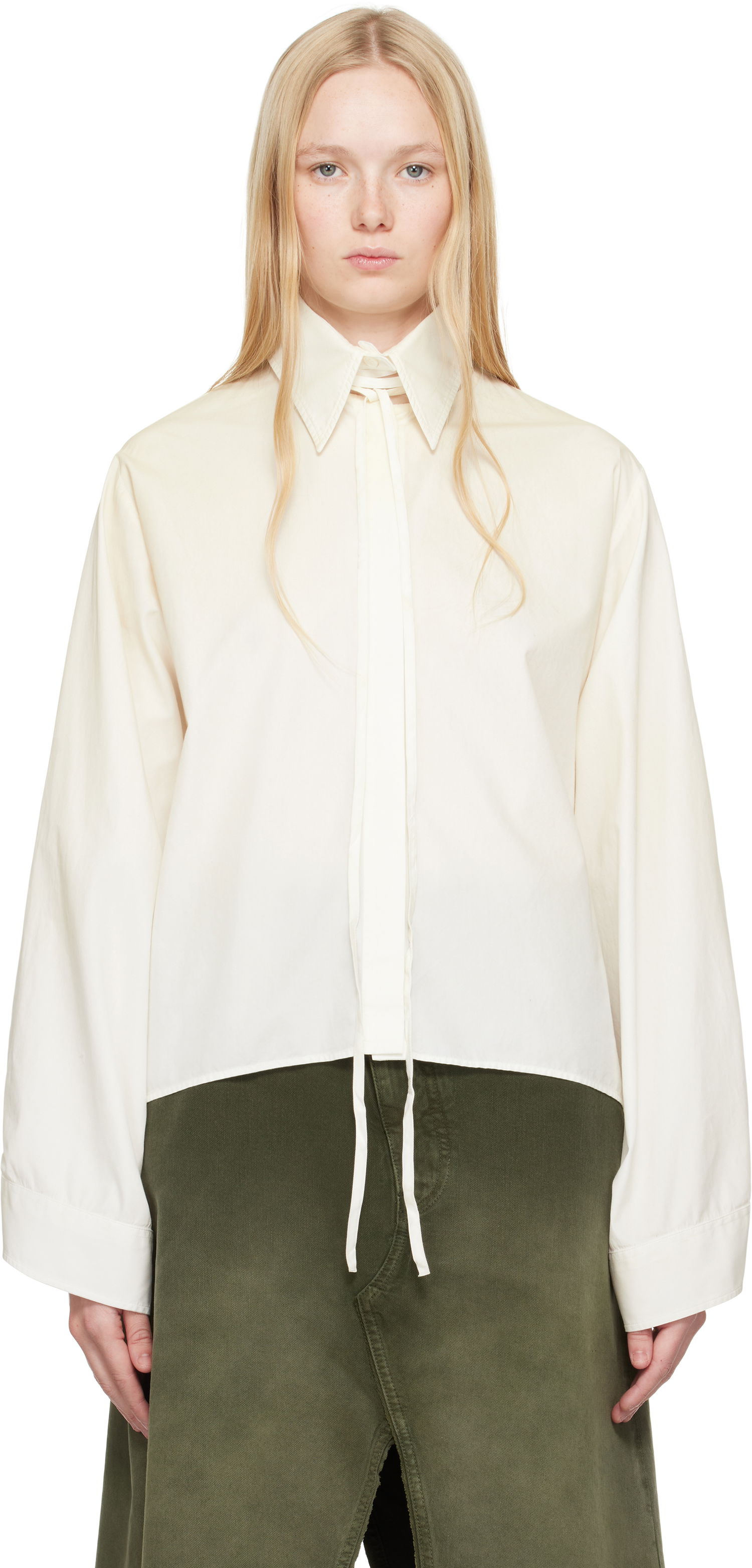 Риза Maison Margiela MM6 Maison Margiela Cotton Poplin Tie-Neck Shirt Бяло | S62DT0039 M35458, 0