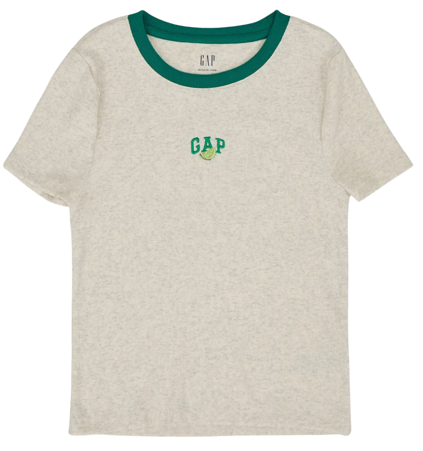 Тениска GAP Ribbed Contrast Trim T-Shirt with Lime Slice Embroidery Бежово | 637782-08