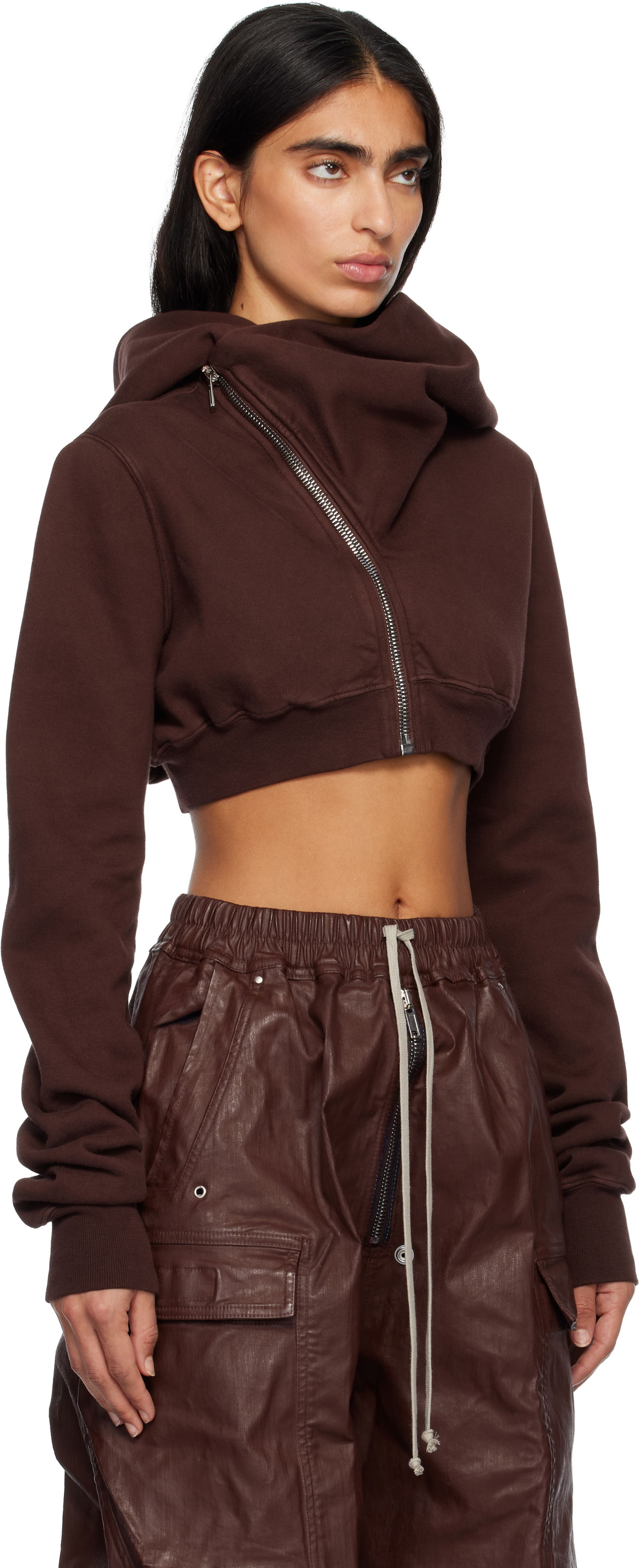Суитчър Rick Owens Concordians Micro Mountain Cropped Asymmetric Zip Hoodie Кафяво | DS02E7237 F, 1
