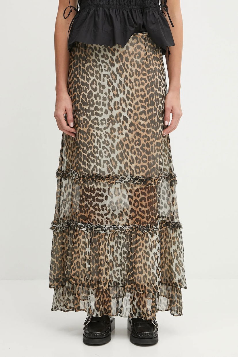 Пола GANNI GANNI Printed Viscose Chiffon Long Ruffle Maxi A-Line Skirt Кафяво | W0435