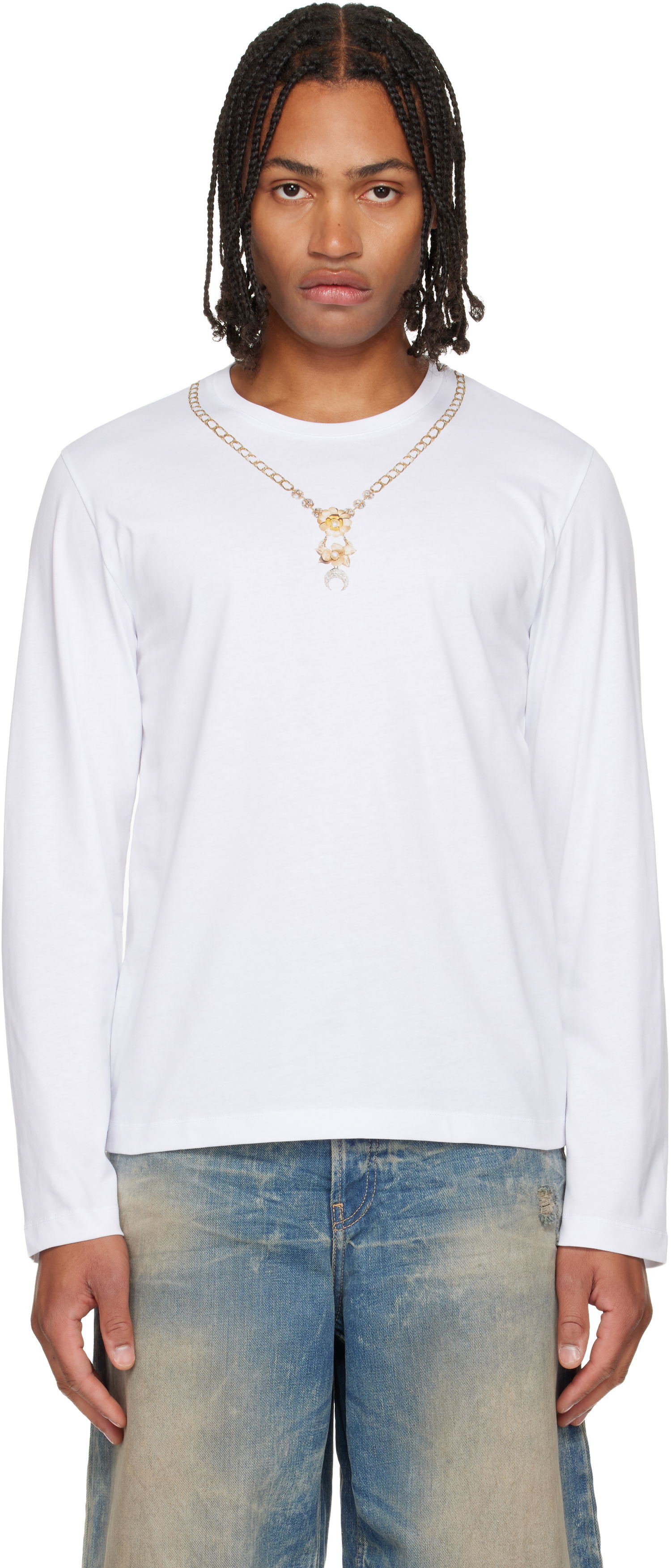 Тениска Marine Serre Marine Serre Trompe L'Œil Jewelry Jersey LS T-Shirt Бяло | MTT076ACJER0092, 0