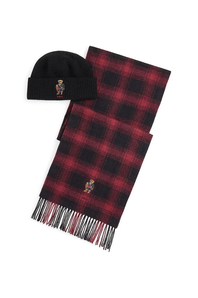 Polo Bear Wool Plaid Scarf and Knitted Beanie Set