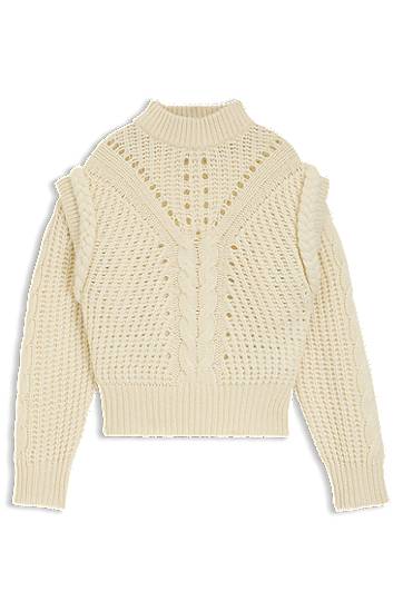 Пуловер BOSS Structured Cable and Openwork Knit Mock Neck Sweater with Alpaca and Virgin Wool Бяло | 50548951, 0