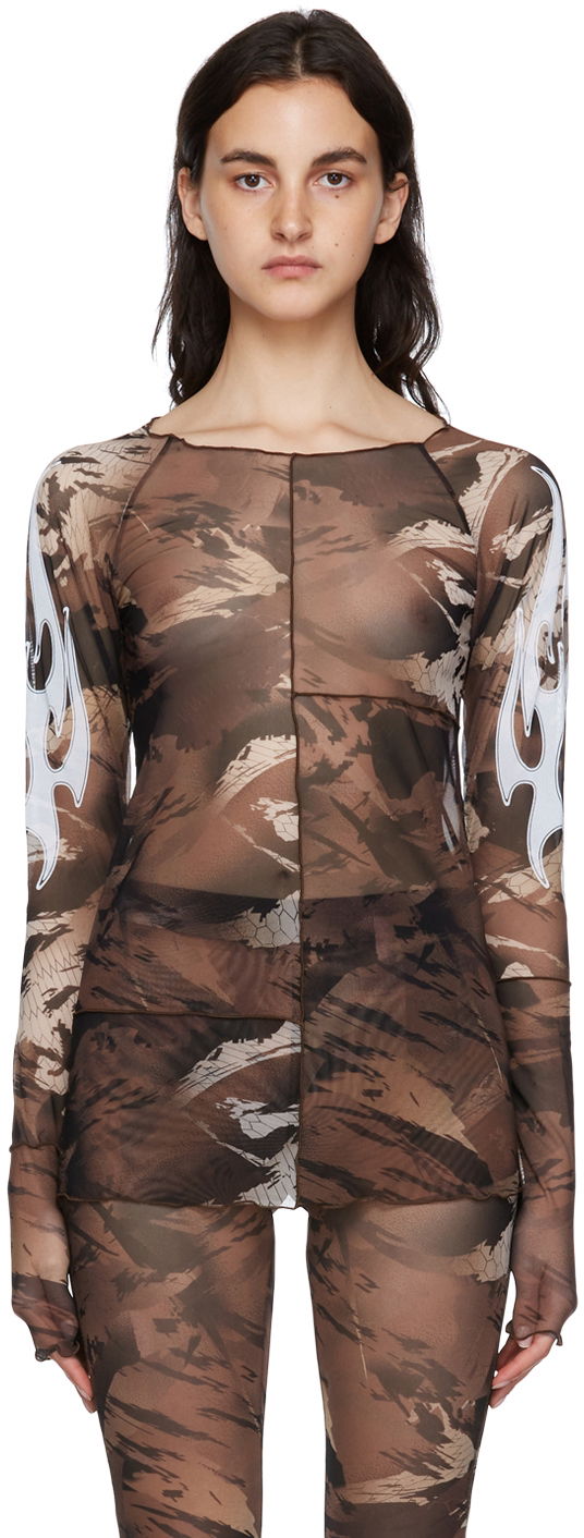 Тениска HERON PRESTON Nylon Long Sleeve T-Shirt Кафяво | HWAD028S22FAB0016401, 0