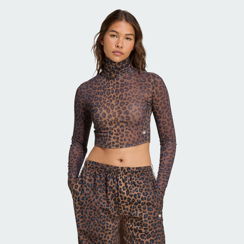 Съкратен топ adidas Performance Leopard Print Long Sleeve Crop Top Кафяво | JW2772