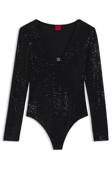 боди BOSS Sparkling bodysuit in stretch jersey with stacked-logo trim Черно | 50546238