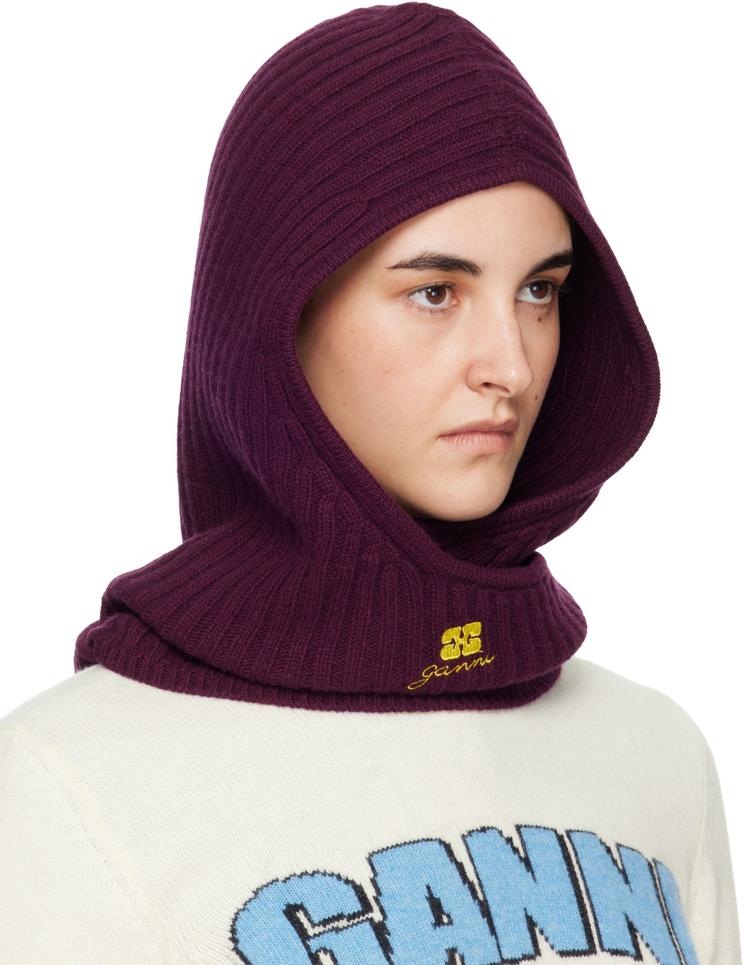 Шапка GANNI Ribbed Knit Wool Mix Balaclava Бургунди | A6927, 1