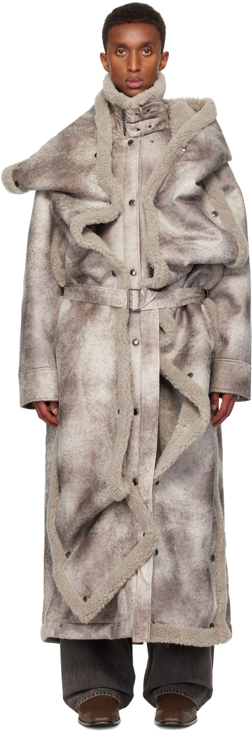 Палта Y/PROJECT Panel Hood Aviator Faux-Shearling Coat Сиво | 209CO001