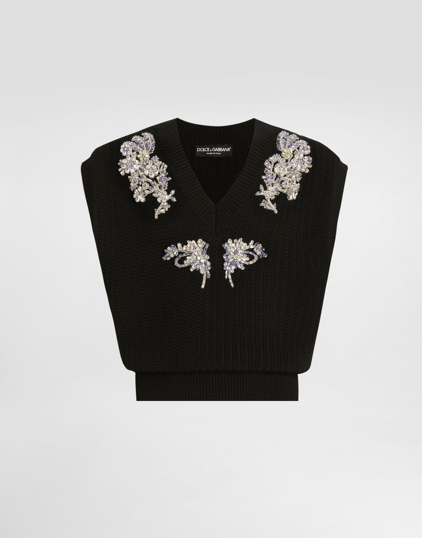 Пуловер Dolce & Gabbana Dolce & Gabbana Cable-Knit Wool Vest with Crystal Embellishments Черно | GXT40ZJDVC7N0000
