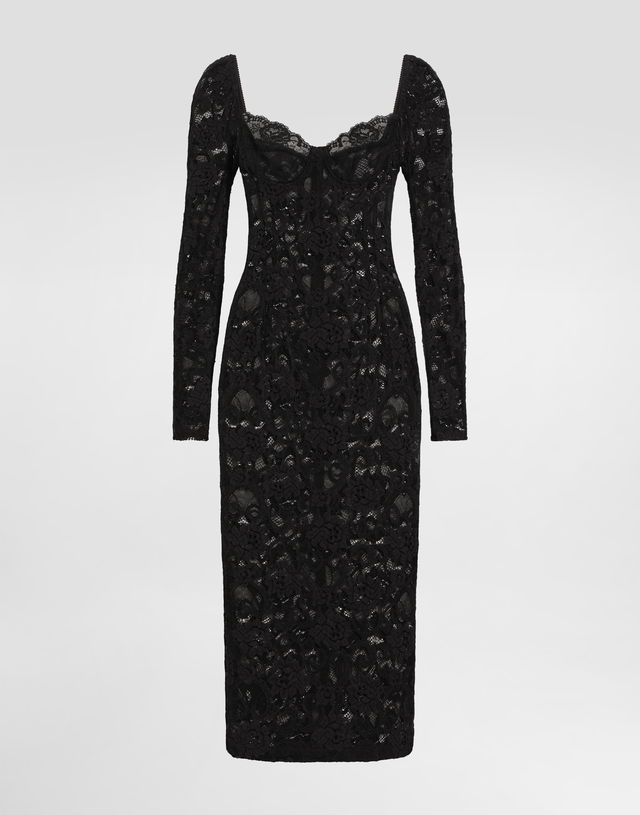 Dolce & Gabbana Floral Lace Calf-Length Dress with Bra Cups