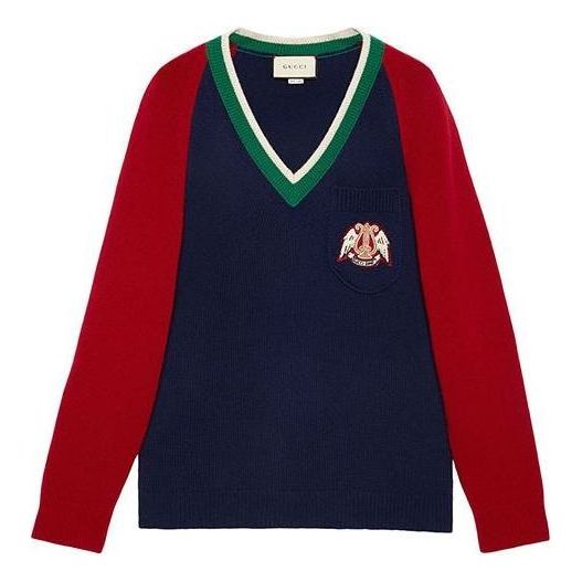 Пуловер Gucci Gucci V-neck Wool Sweater With Lyre Patch Синьо | 575504-XKATG-4278