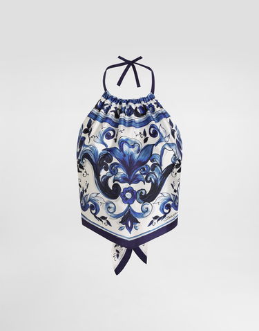 Потник Dolce & Gabbana Dolce & Gabbana Majolica-Print Silk Halter Top Синьо | I7S09WHI1Y7HY3TN, 0