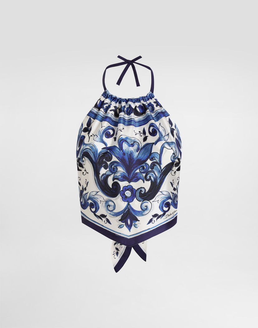Потник Dolce & Gabbana Dolce & Gabbana Majolica-Print Silk Halter Top Синьо | I7S09WHI1Y7HY3TN