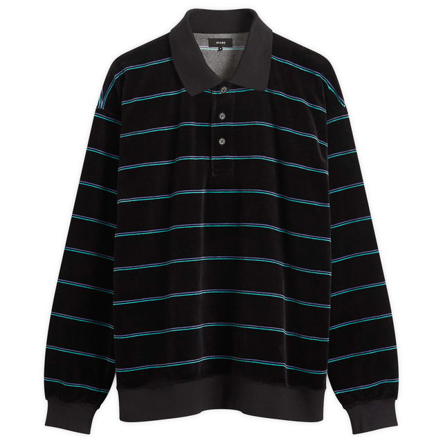 Velour Border Stripe Long-Sleeve Polo Shirt