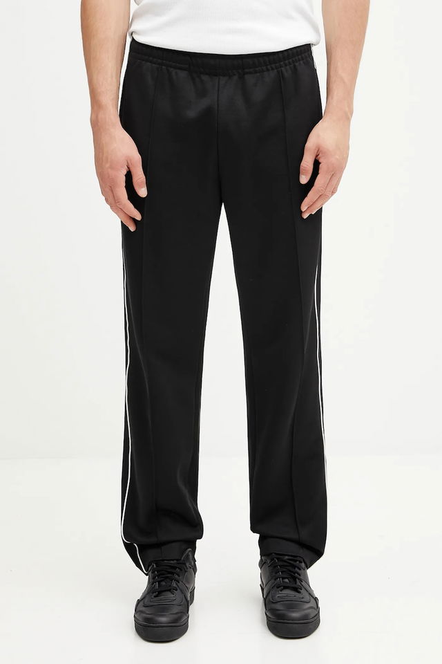Elastic Waist Straight Leg Track Pants with White Side Stripes and Front Pintuck Seams