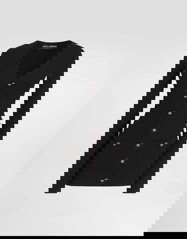 Пуловер Dolce & Gabbana Virgin Wool Ribbed V-Neck Cardigan with Decorative Button Front Черно | FXVCNZJCVXGN0000, 0