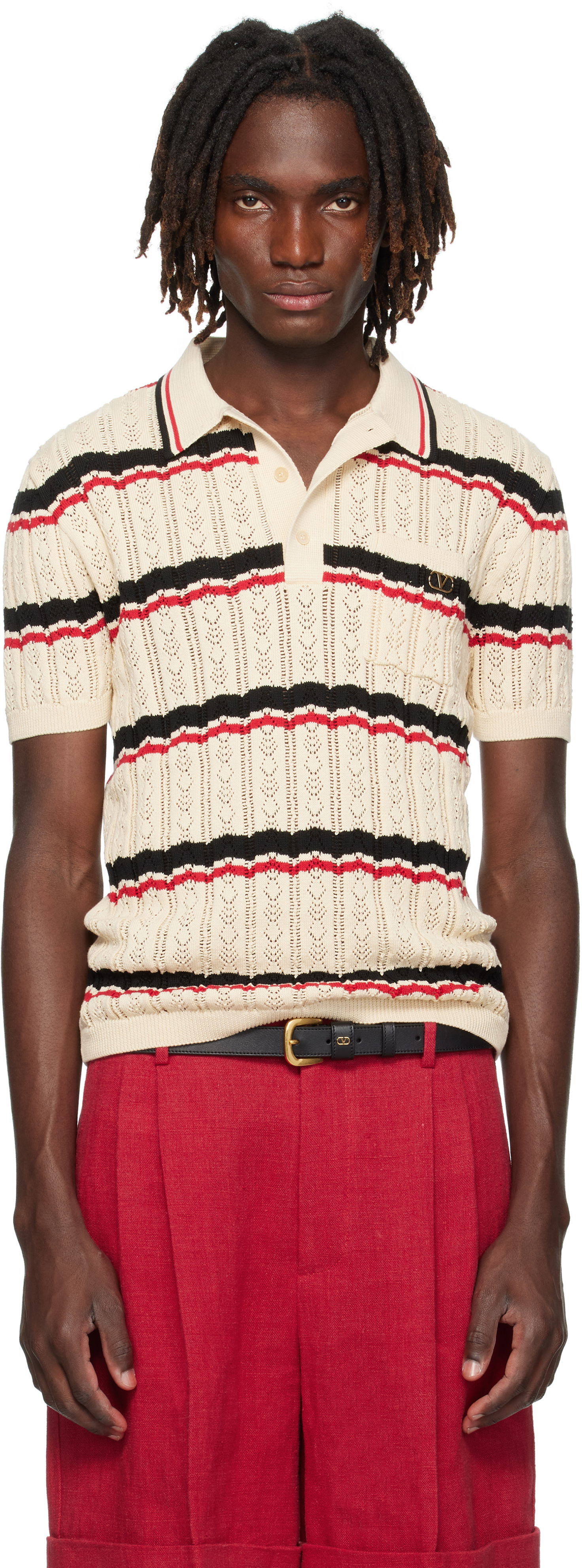 Поло тениска Valentino Valentino Striped Knit Polo Бежово | 7V3KP03XB0S, 0