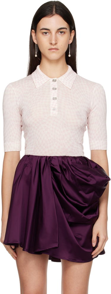 Поло тениска GANNI Sheer Cotton Checkered Knit Polo with Embellished Buttons Розово | K2491, 0