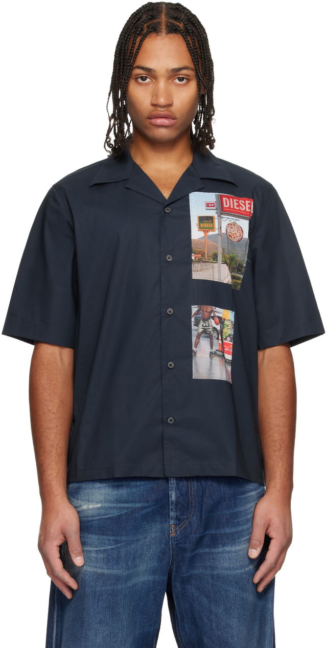Short Sleeve Camp-Collar Shirt with Photo Appliqués