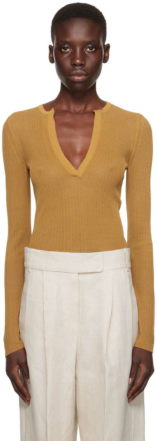 Пуловер Max Mara Ribbed Knit V-Neck Sweater Кафяво | 2411361053600006